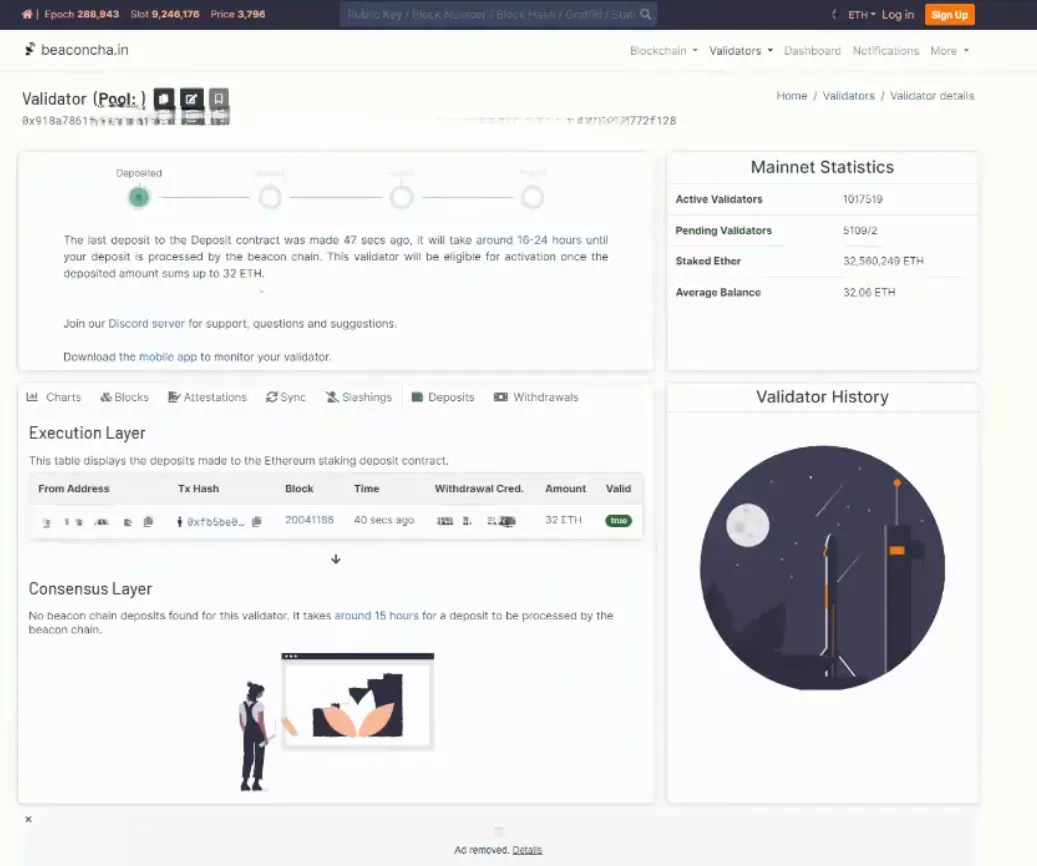 Validator deposit on the beaconcha.in explorer