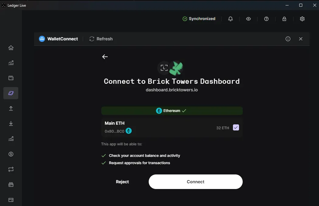Ledger Live request to connect to Brick Towers Dashboard