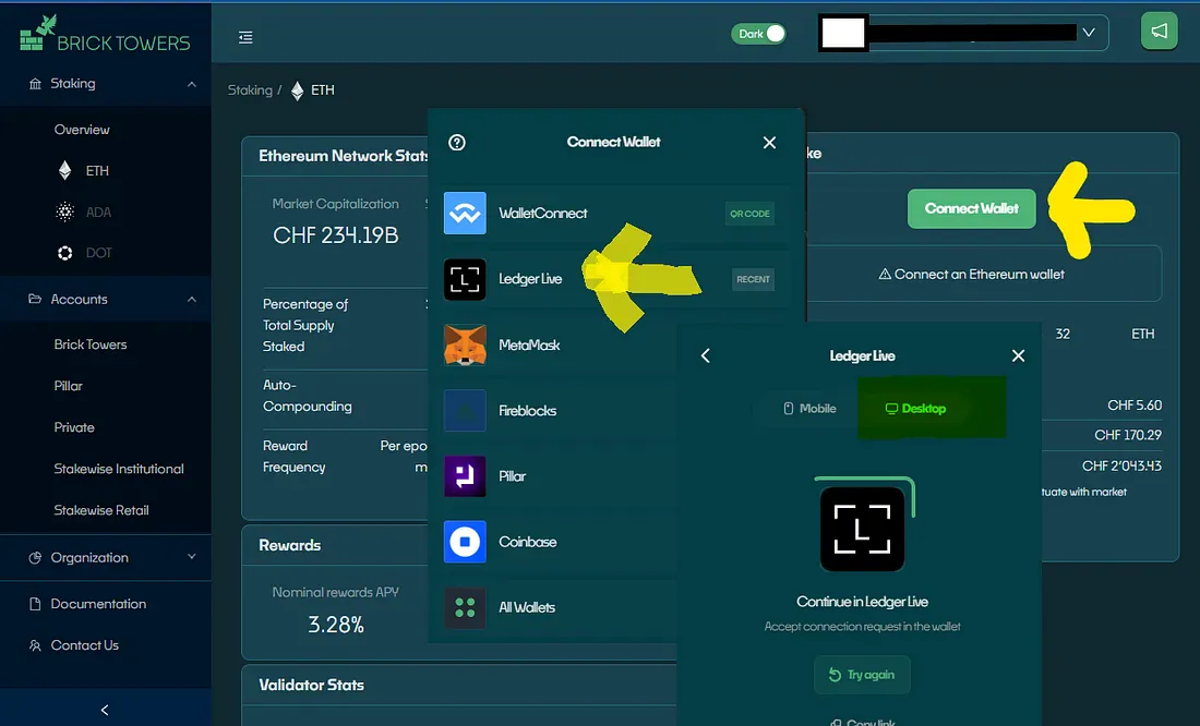 Connect Wallet dialog with Ledger Live and Desktop selected
