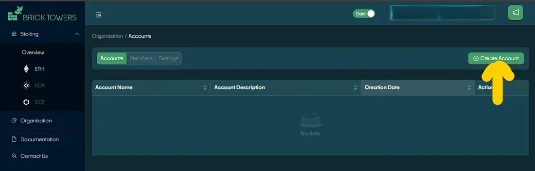 Create account button on the Brick Towers Dashboard accounts page