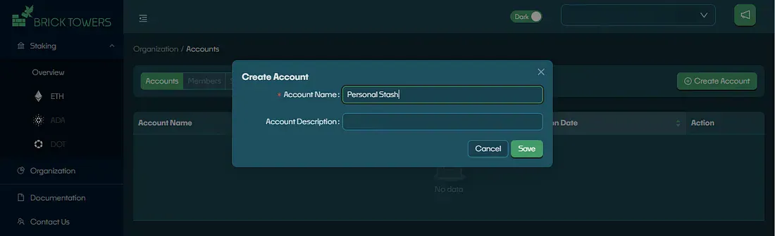 Create account dialog with account name and description