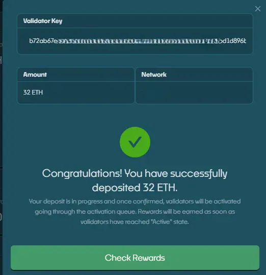 Brick Towers Dashboard: you have successfully deposited 32 ETH