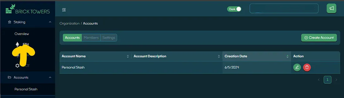 ETH staking entry in the Brick Towers Dashboard menu