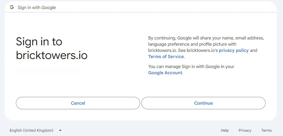 Google sign-in asking to continue to bricktowers.io