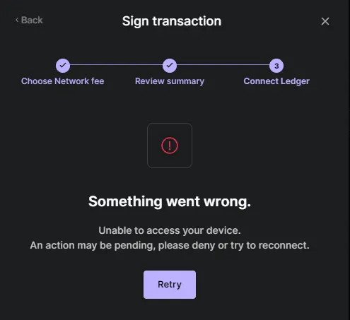 Ledger Live error: Something went wrong, with a Retry button