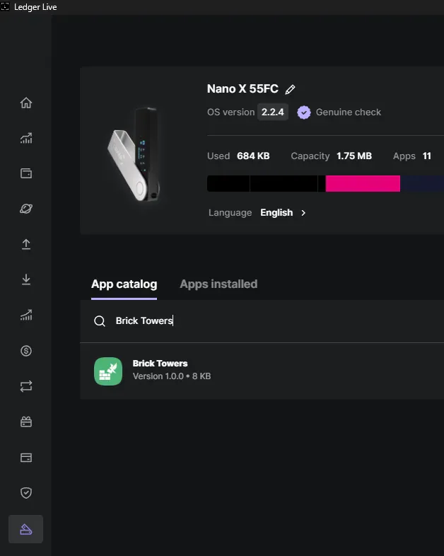 Brick Towers plugin in the Ledger Live app catalog