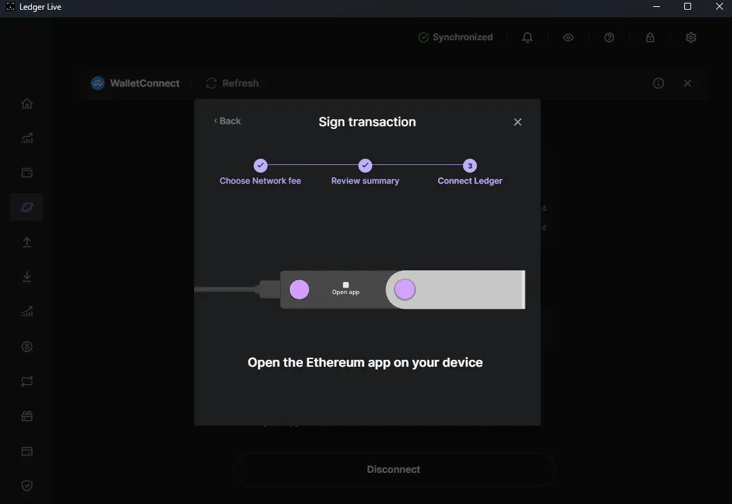 Ledger Live asking to open the Ethereum app on the device