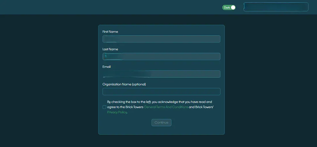 Brick Towers Dashboard registration form