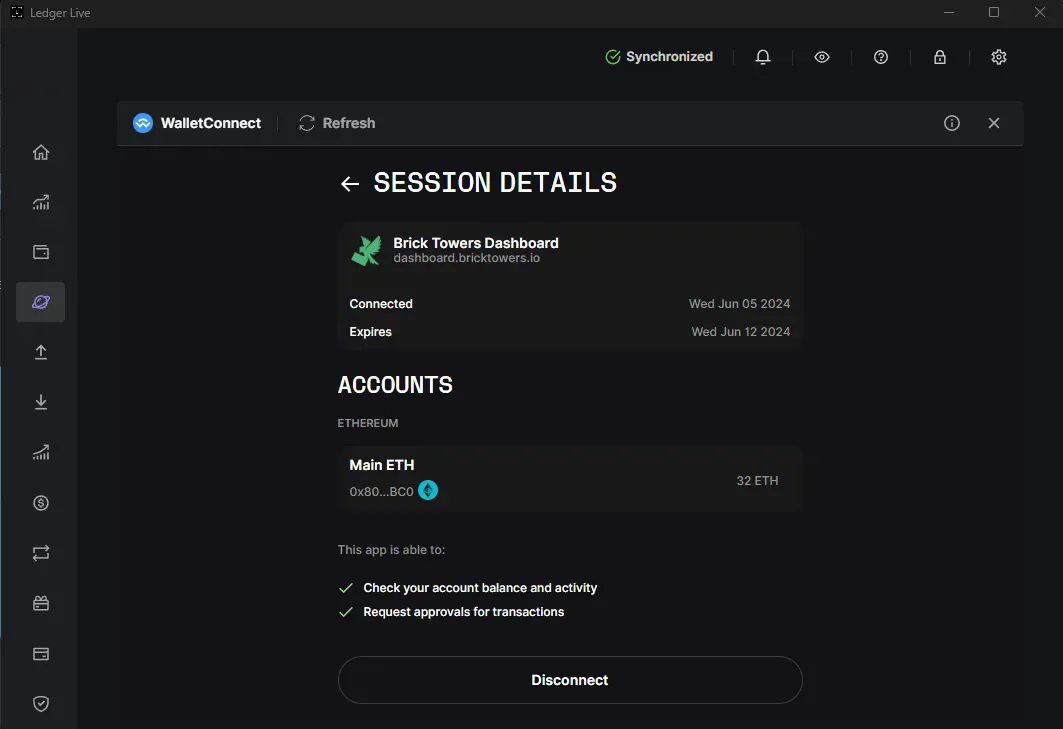 Ledger Live session details for the Brick Towers Dashboard connection