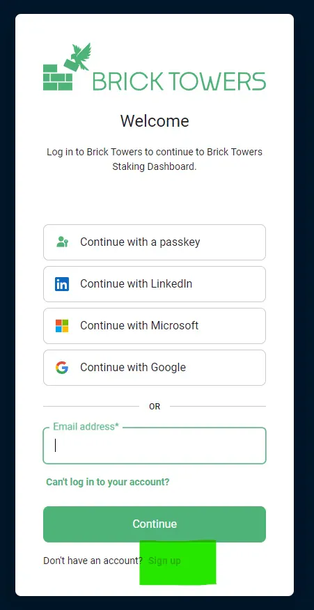 Brick Towers sign-in page with passkey, LinkedIn, Microsoft, Google and email options