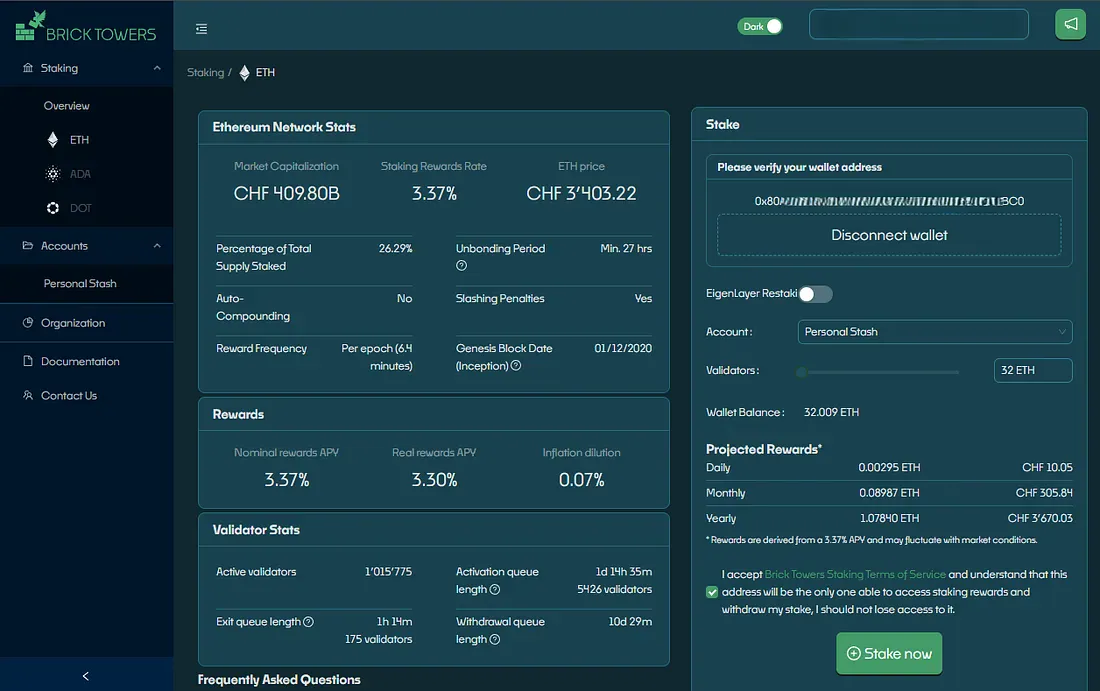 ETH staking page with the connected wallet, account, validator slider and Stake now button