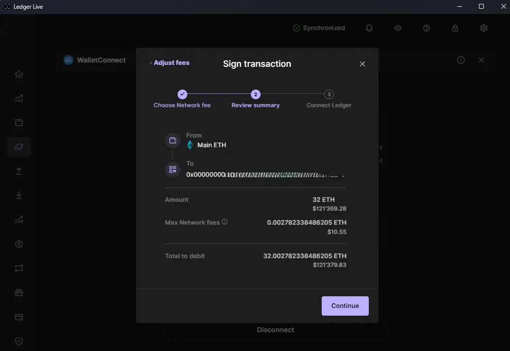 Ledger Live transaction summary before signing