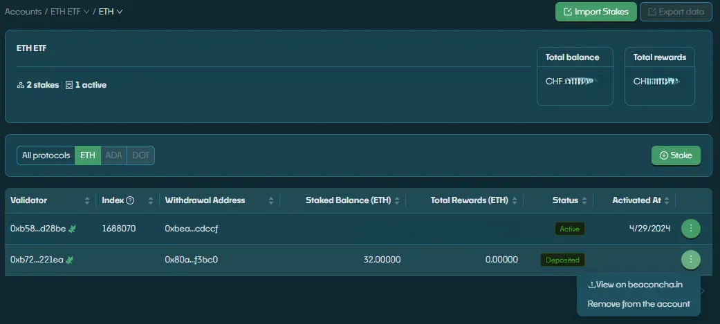 ETH account overview listing validators and their status