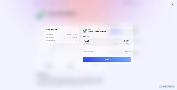 Stake dialog with the amount of ETH to stake
