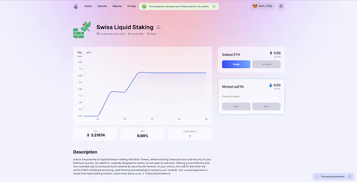 Vault overview with the transaction status notification