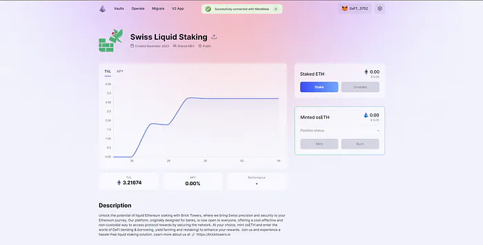 Swiss Liquid Staking vault with the wallet connected