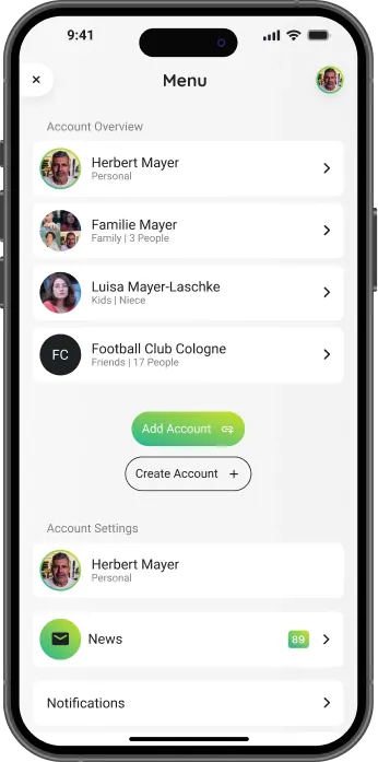 urble app: personal, family and club accounts